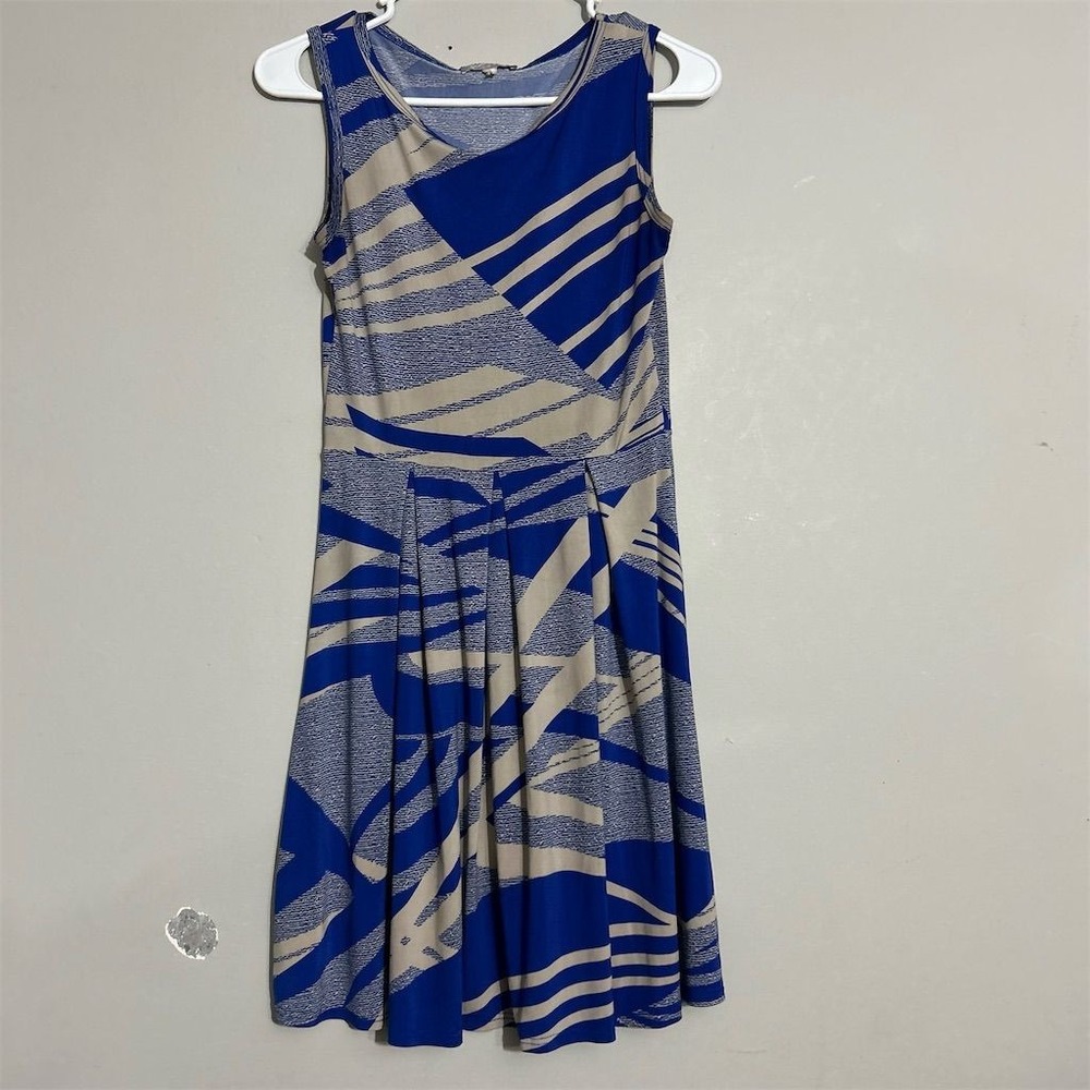 Pretty‎ Young Thing Dress Womens S Blue Tan Geometric Abstract Fit Flare Pleated
